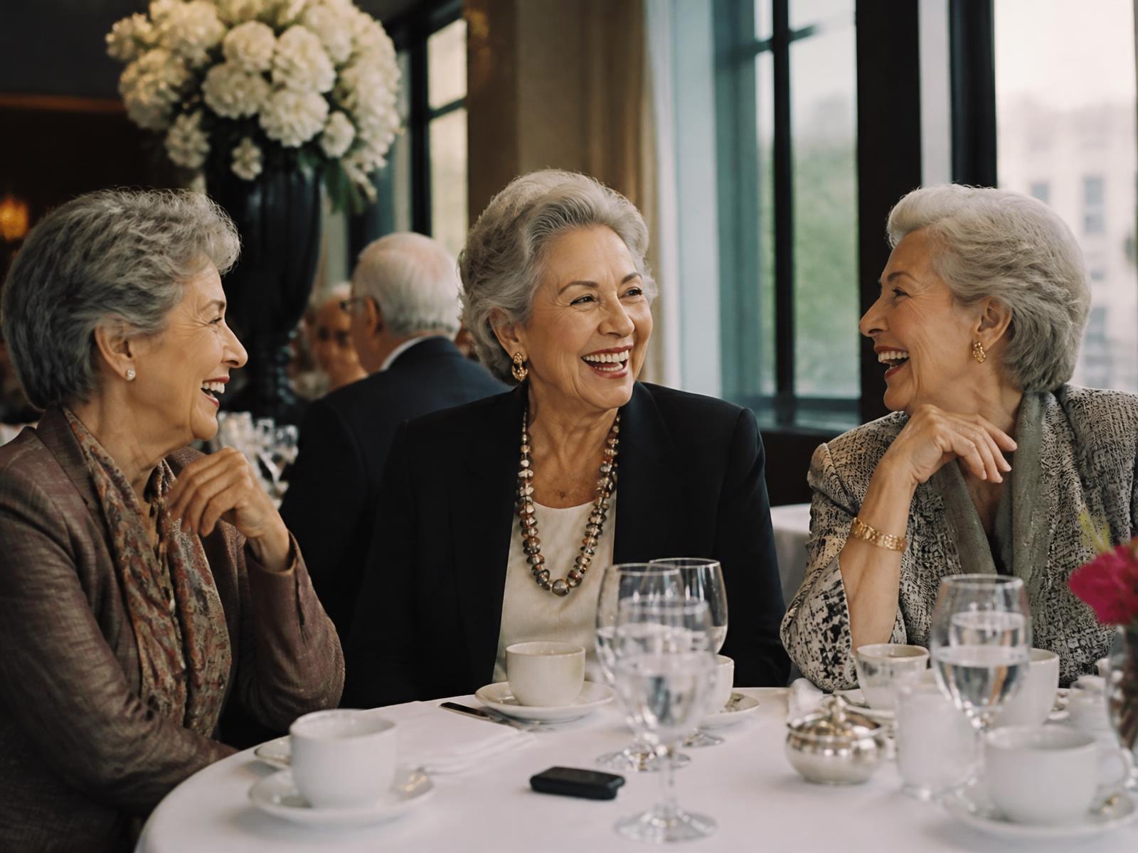 Tres mujeres mayores conversan y ríen durante un almuerzo en un restaurante
