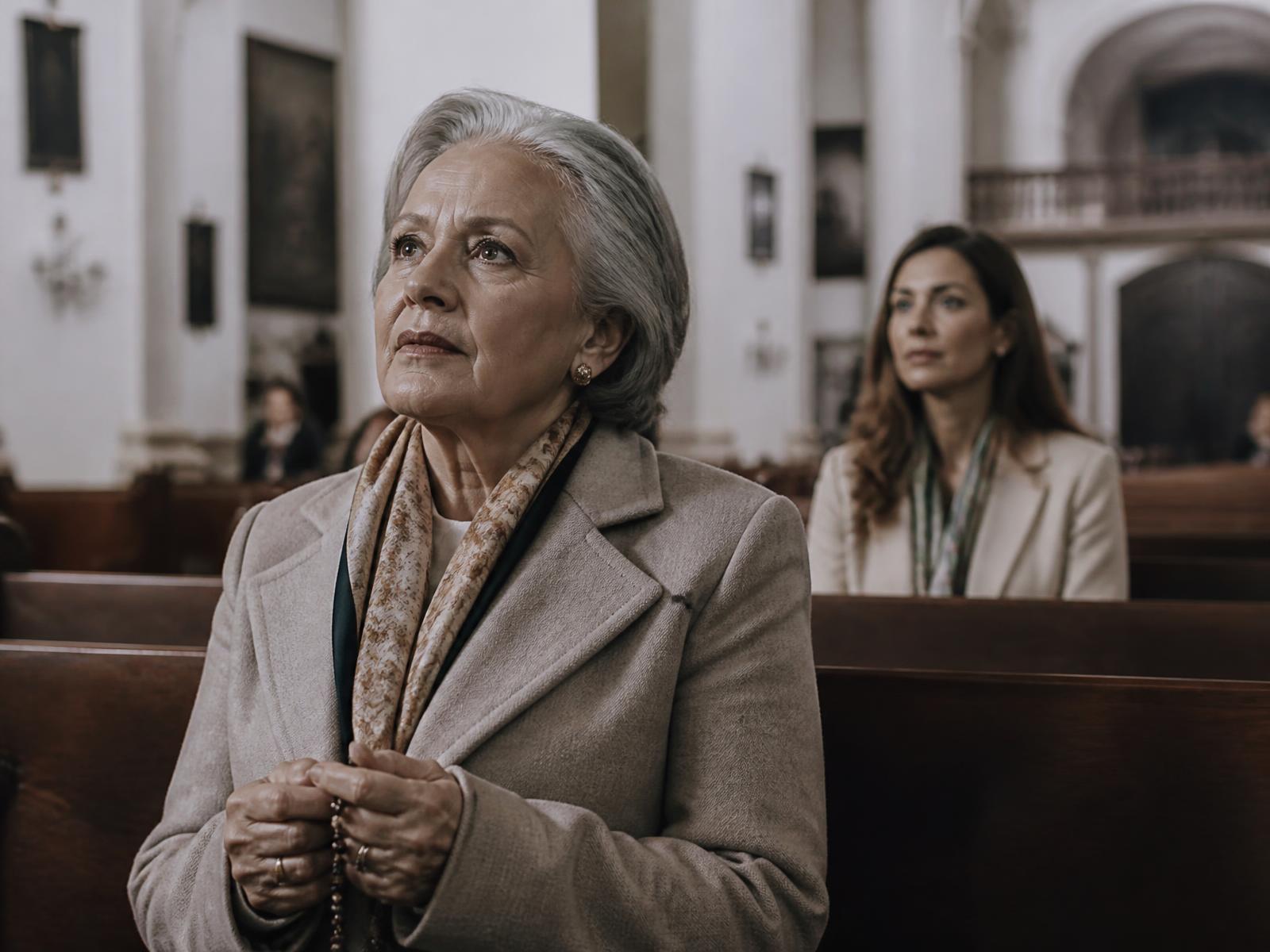 Una mujer mayor llega con calma a la misa dominical acompañada